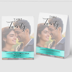 Photo Wedding Table Number with Turquoise band