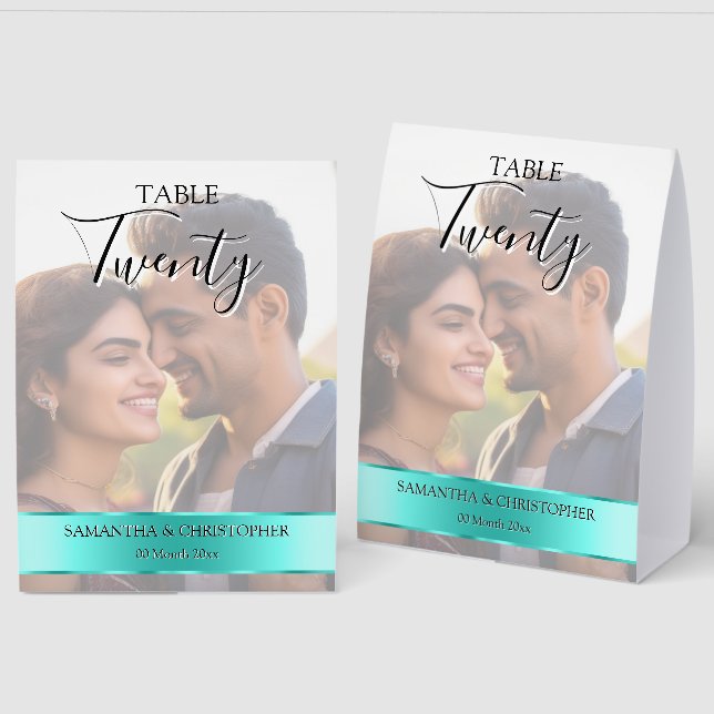 Photo Wedding Table Number with Turquoise band (Front/Back)