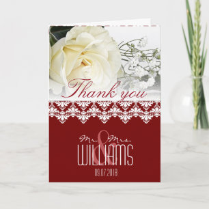 Photo Wedding Thank You Card Damask Burgundy