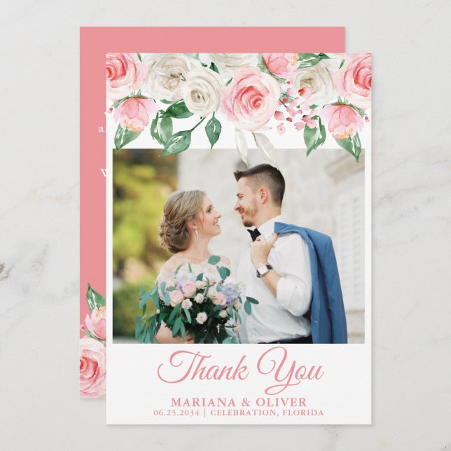 Photo Wedding Thank You Card Peach Floral (Front/Back)