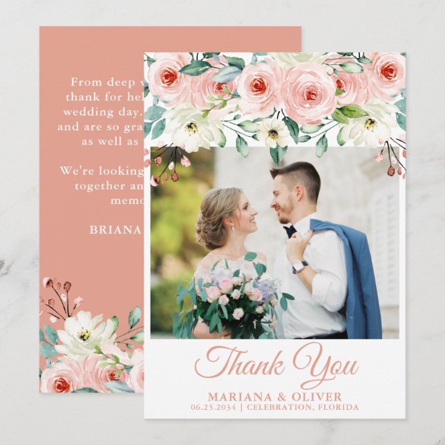Photo Wedding Thank You Card Peach White Floral (Front/Back)
