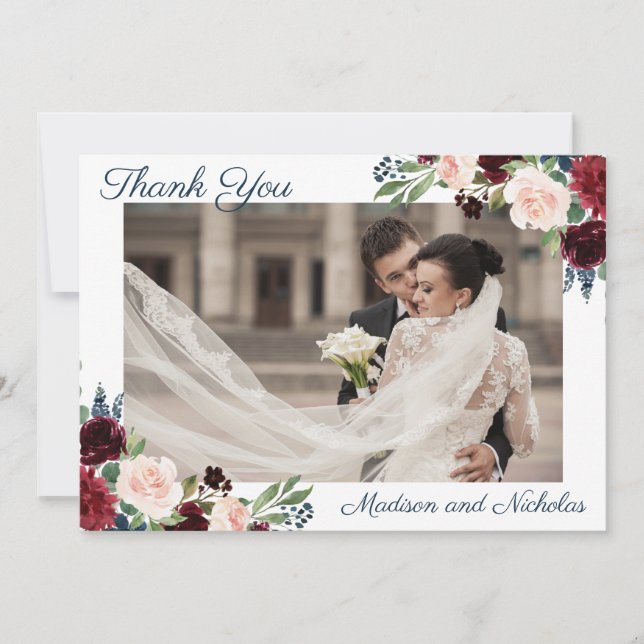 Photo Wedding Thank You Cards Navy Marsala Flowers (Front)