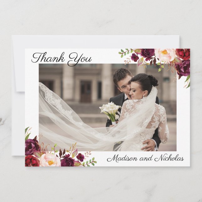 Photo Wedding Thank You Cards with Marsala Flowers (Front)