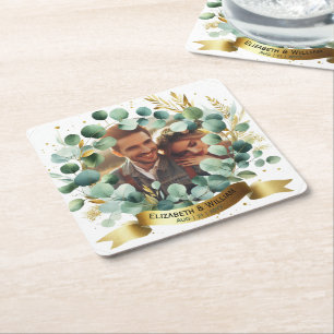 PHOTO Wedding Thank You Eucalyptus Leaves Favour Square Paper Coaster