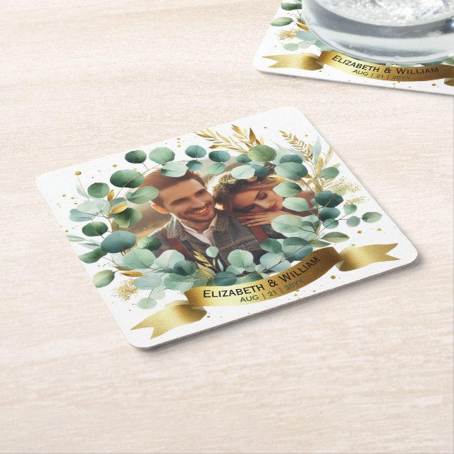 PHOTO Wedding Thank You Eucalyptus Leaves Favour   Square Paper Coaster (Angled)