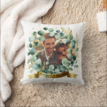 PHOTO Wedding Thank You Eucalyptus Leaves Gift   Cushion<br><div class="desc">Photo and text template wedding,  newlyweds,  anniversary event item with a Eucalyptus,  greenery leaves,  with gold accents theme.</div>