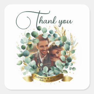 PHOTO Wedding Thank You Eucalyptus Leaves Gift   Square Sticker