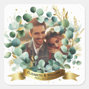 PHOTO Wedding Thank You Eucalyptus Leaves Gift   Square Sticker