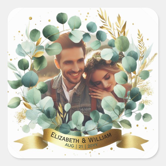 PHOTO Wedding Thank You Eucalyptus Leaves Gift   Square Sticker (Front)
