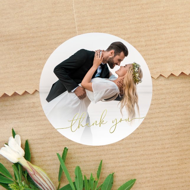 Photo Wedding Thank You Gold Script Circle  Classic Round Sticker (Round wedding thank you sticker with photo and elegant gold script text)