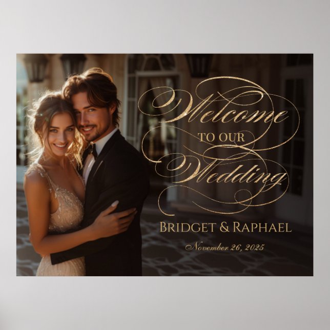 Photo wedding welcome sign, elegant gold script poster (Front)