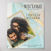 PHOTO WEDDING WELCOME SIGN Sea Glass Teal Gold Ink