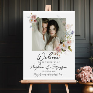 Photo wedding welcome sign, watercolor floral poster