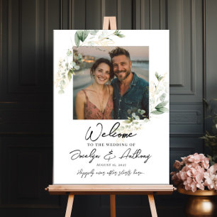 Photo wedding welcome sign, watercolor greenery poster