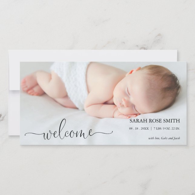 Photo Welcome Calligraphy Birth Announcement Card (Front)