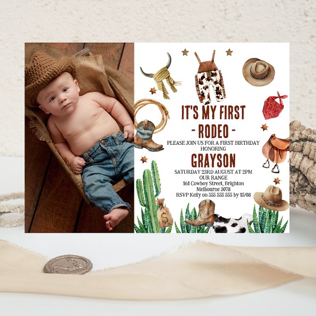 Photo Western Cactus My First Rodeo Cowboy 1st Invitation (Cute photo boy's first rodeo birthday invitation featuring various cowboy items.)