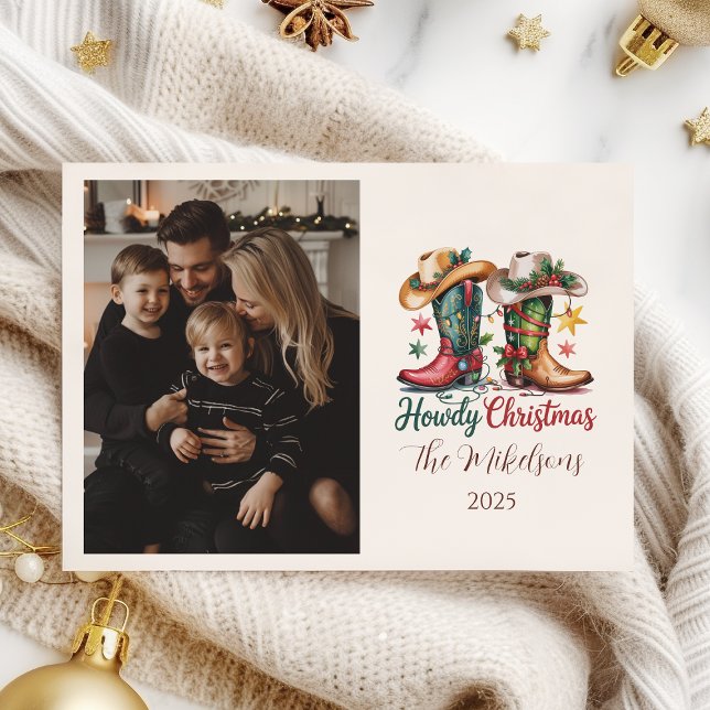 Photo Western Cowboy Boots Rustic Howdy Christmas Holiday Card (Creator Uploaded)