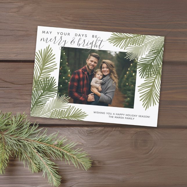 Photo Whimsical Branches Calligraphy Christmas Holiday Card (Online Christmas Card, 1 Photo, Large Bounce Calligraphy, Whimsical Pine Branches)