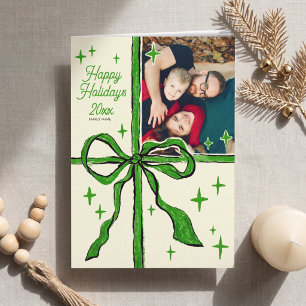 Photo Whimsical Charming Hand Drawn Green Bow Holiday Card