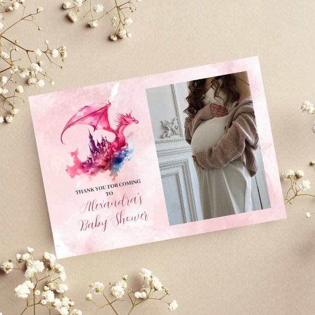 Photo Whimsical Pink Dragon Baby Shower  Thank You Card (Creator Uploaded)