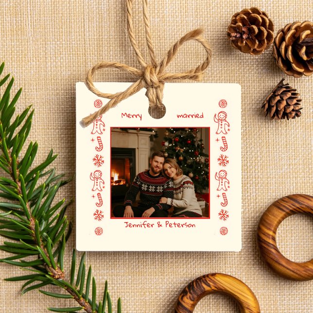 Photo Whimsical Red Doodle Christmas married  Ceramic Ornament (Creator Uploaded)