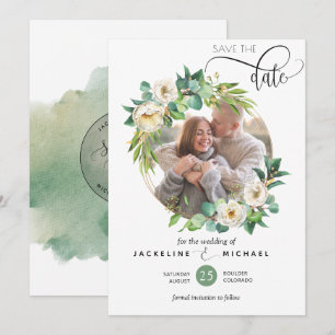 Photo, White and Greenery Wedding Save the Date