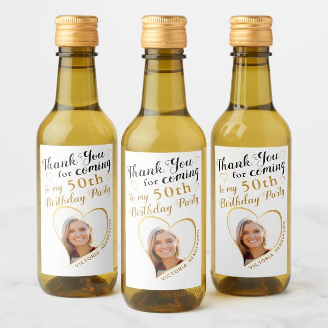 Photo White Black Gold Thank You 50th Birthday Wine Label (Bottles)