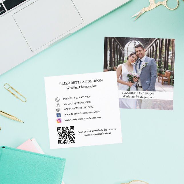 Photo white black QR code social media premium Square Business Card (Creator Uploaded)