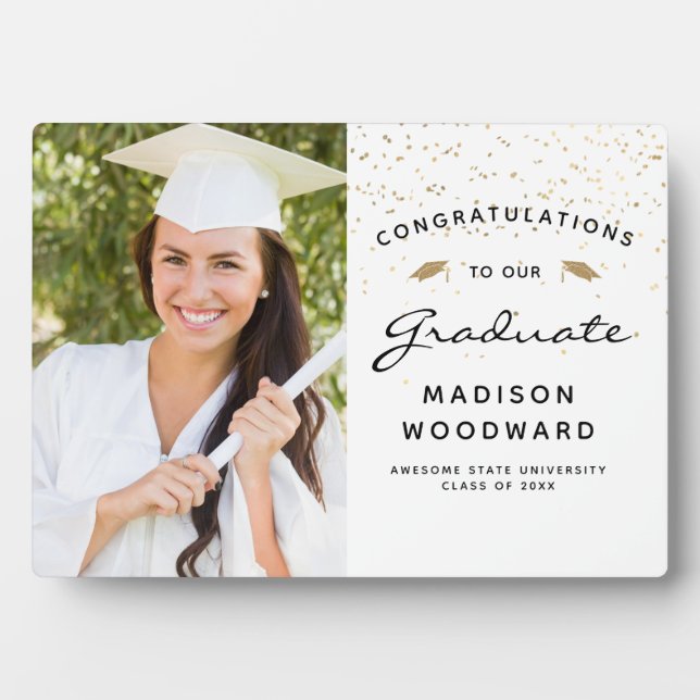Photo White Black Script Gold Graduation Keepsake Plaque (Front)