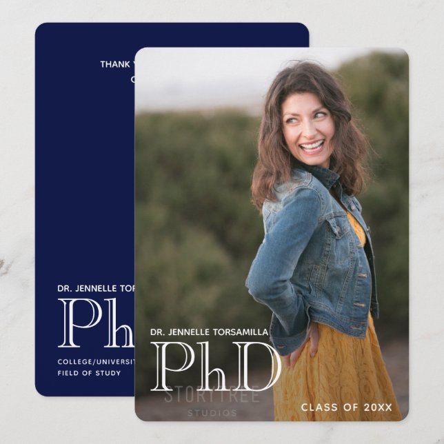Photo White Blue PhD Graduation Announcement (Front/Back)