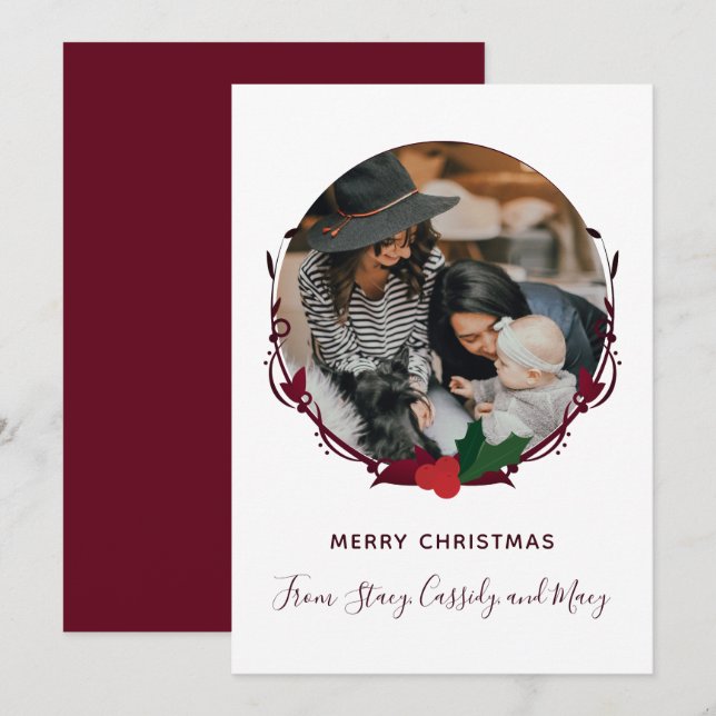 Photo White Burgundy Christmas Holiday Card (Front/Back)
