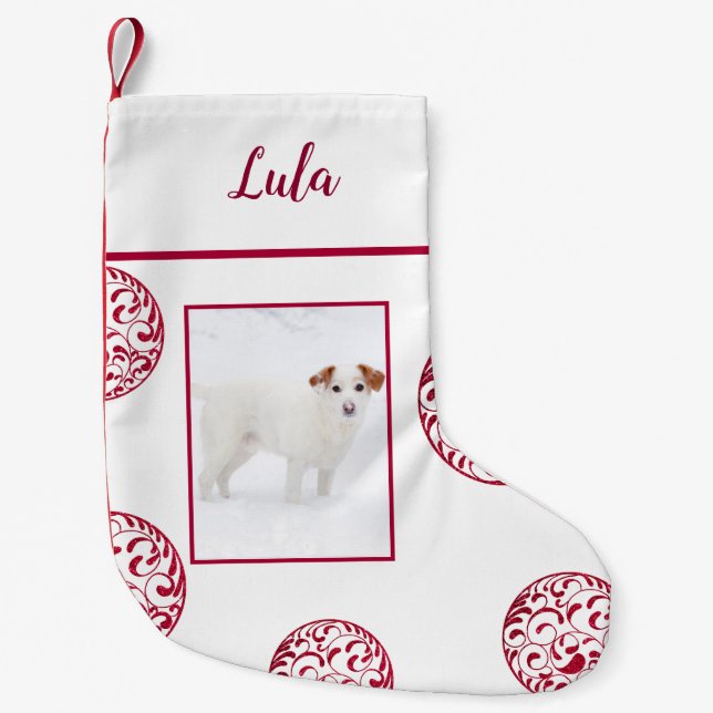 Photo White Burgundy Ornaments Personalised Small Christmas Stocking (Front)