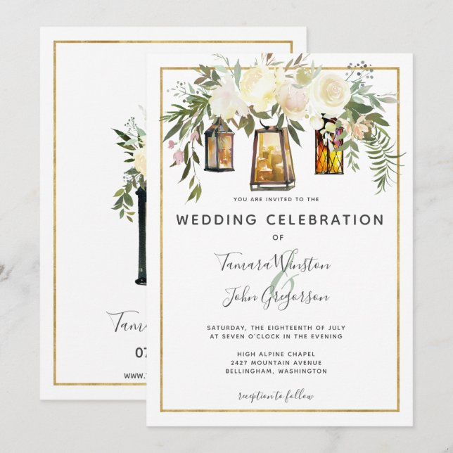 Photo White Floral Rustic Lanterns Wedding Invitation (Front/Back)