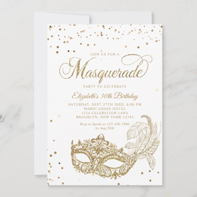 Photo White Gold Glitter Masquerade Birthday Invitation (Front)