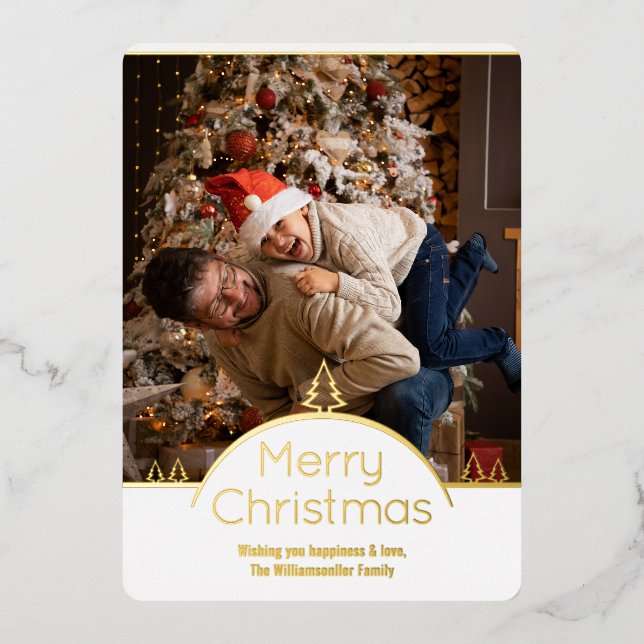 Photo White Gold Line Family Christmas Foil Holiday Card (Front)