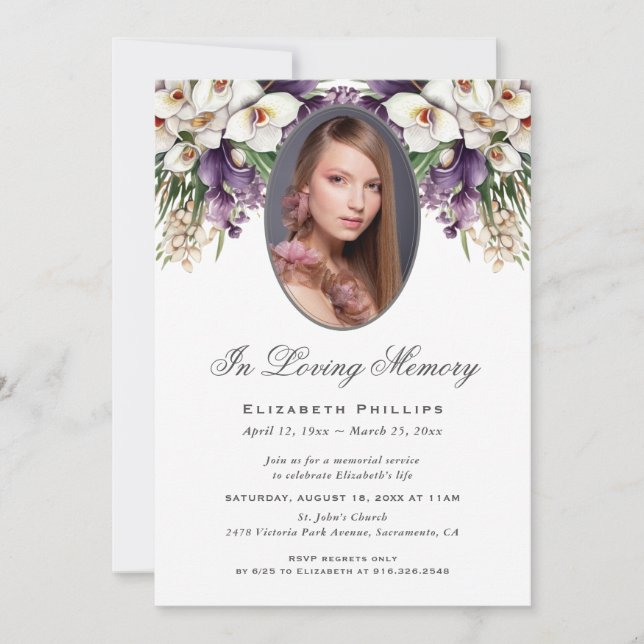 Photo White Purple Orchid Funeral Memorial Service Invitation (Front)