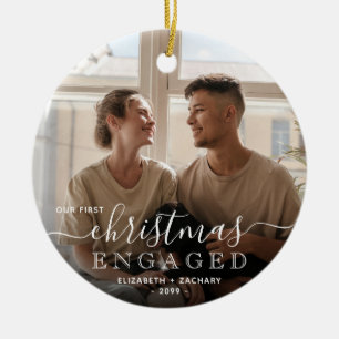 Photo White Typography First Christmas Engaged Ceramic Tree Decoration