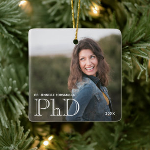 Photo White Words PhD Degree Name Year Graduation Ceramic Ornament