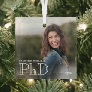 Photo White Words PhD Graduation Glass Tree Decoration