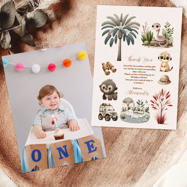Photo Wild One Jungle Safari Animals Boy 1st Thank You Card (Creator Uploaded)