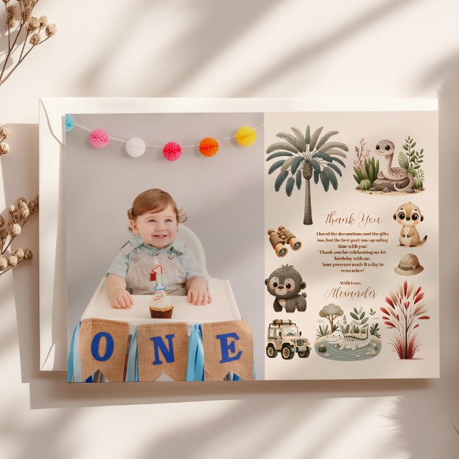 Photo Wild One Jungle Safari Animals Boy 1st Thank You Card (Creator Uploaded)
