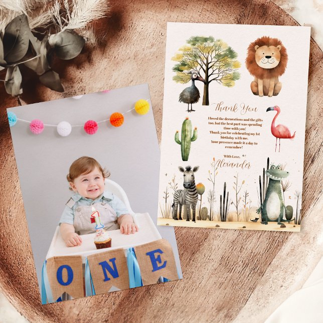 Photo Wild One Jungle Safari Animals Boy 1st Thank You Card (Creator Uploaded)