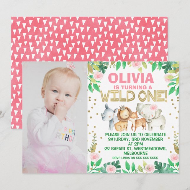 Photo Wild One Safari 1st Birthday Invitation (Front/Back)