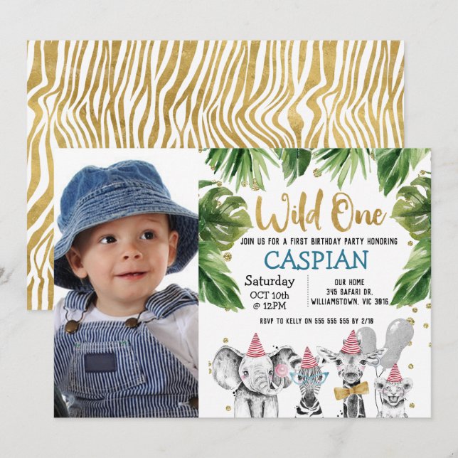 Photo Wild One Safari 1st Birthday Party Invitation (Front/Back)