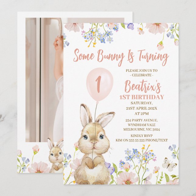 Photo Wildflower Some Bunny 1st Birthday Invitation (Front/Back)