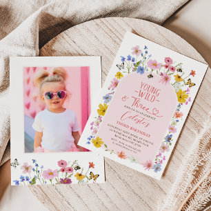 Photo Wildflower Young Wild Three 3rd Birthday  Invitation