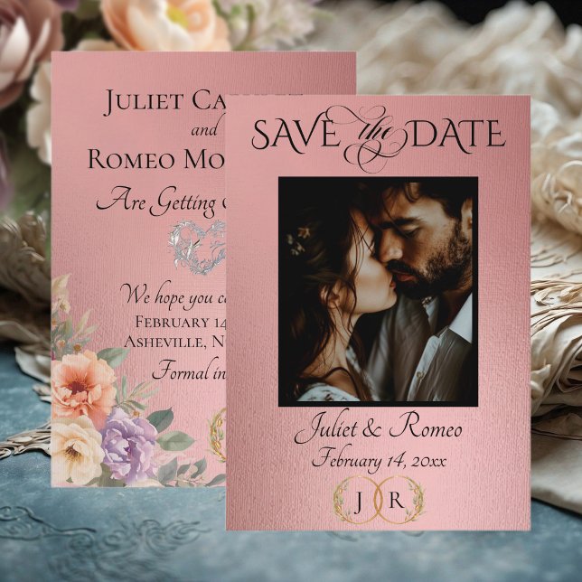 Photo, Wildflowers & Leaf Monogram - Rose Gold Save The Date (Creator Uploaded)
