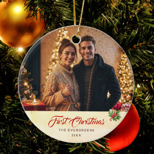 Photo Winter Modern Watercolor First Christmas Ceramic Tree Decoration