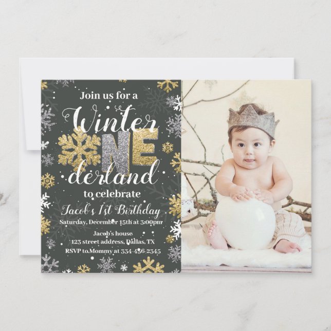 Photo Winter Onederland Birthday Invitation Gold (Front)