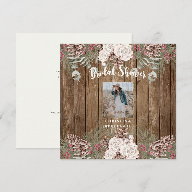 Photo Winter Pine Rustic Bridal Shower Square Invitation (Front/Back)